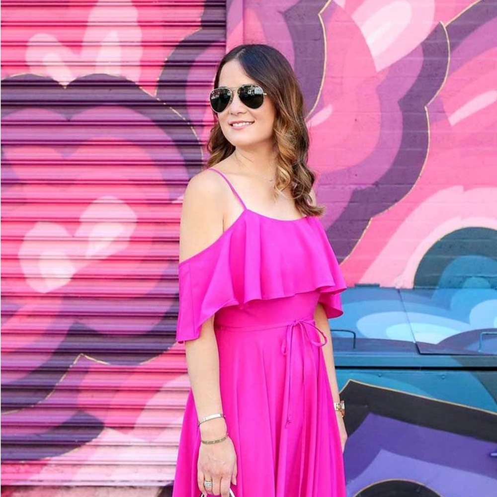 CeCe Fuchsia Bright Pink Cold Shoulder Flutter Sleeve Fit & Flare Midi Dress